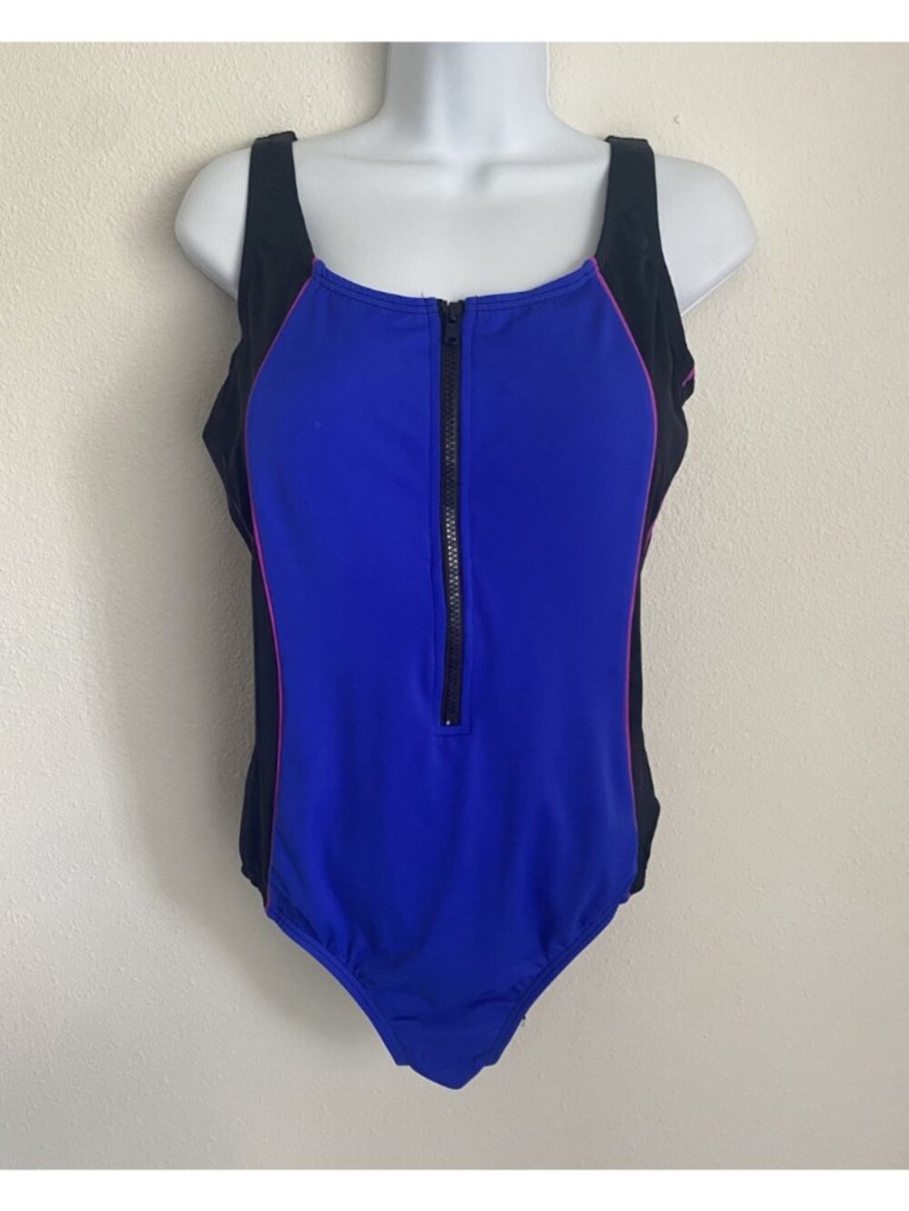 Swimsuits for all Women's 16 One-Piece Blue Zip-Front Black Pink Stripe